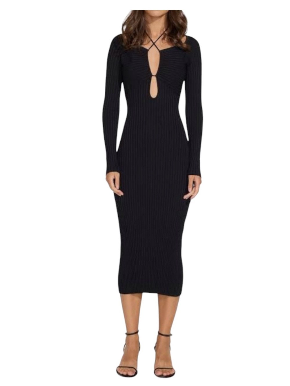 SOLID & STRIPED The Lisa Ribbed Long-Sleeve Midi Dress with Front Keyhole, Black